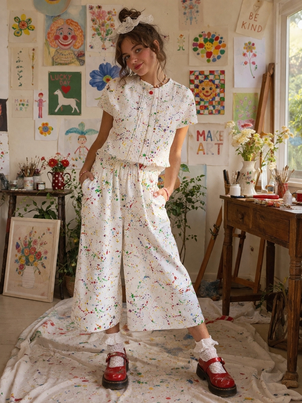 Handmade White Paint Splatter Set Top Gauchos Cropped Wide Leg Colorful Clowncor